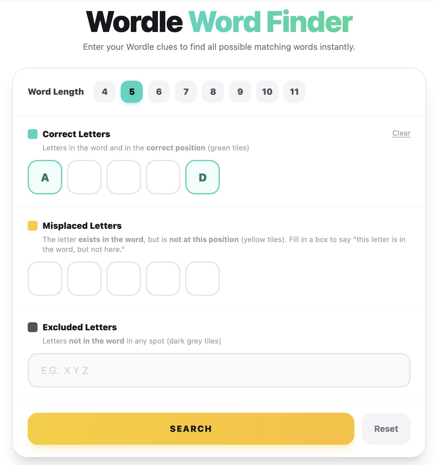 Word Finder tool interface for Wordle unlimited showing green, yellow, and gray letter inputs for free word puzzle solving